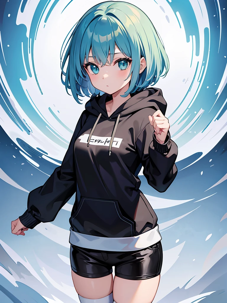 Masterpiece,High Quality,(Full Length 1.2),Animated Standing, Black Half Pants,(Black and White Open Hoodie),Open Hoodie,(Green Hair 1.4),Anime Girl with Short Green Hair and Green Eyes,(Detailed Eyes 1.6),(Clear Eyes 1.4),(Beautiful Eyes 1.4),(Shining Eyes 1.4 ), White cyan, Green hair, Detailed key animated art, Animated portrait, Shining eyes, Blue haired girl, Blue light hair, Black half pants, White stockings, Thighs, 4K
Translated with DeepL.com (free version)