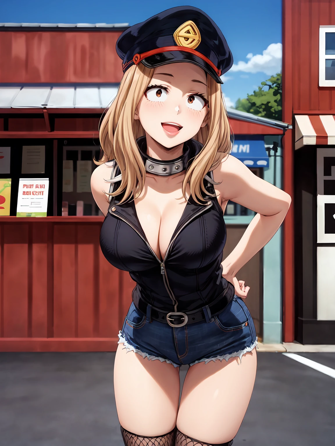 Masterpiece ,best quality , high resolution , (face view , look at view , (pov front view) , (pov from front)) , (1 girl solo:1.38) , (camie, long hair, brown hair, brown eyes, peaked cap , lipstick , eyeliner)) , (slim , tall , slender , thin) , (cleavage:1.05) , (big breast:1.06) , (wear top tank , fishnet_stockings ,  sleeveless , denim_micro_short , stockings , (arms behind back , hand behind back) , (leaning forward:1.35) , ( outdoor , road , on street , in front of shop ) , (open mouth , smile , full face blush , shy ) , (standing , thighs ) , (cowboy_shot)