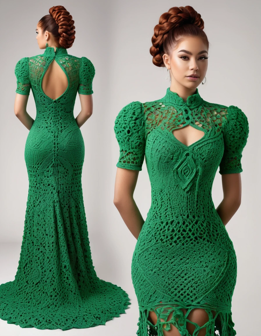 a beautiful 22 year old caucasian woman, full body, wearing green crochet dresses on a mannequin, a digital rendering inspired by Hazel Armour, tumblr, renaissance, intricate dress, vine dress, open dress, intricate fantasy dress, front and back view , detailed dress, an intricate dress, intricate clothing, front and back, green dress, organic dress, crochet fur, elegant dress, sexy dress, crochet, reddish hair with braids and ponytail hairstyle, full hd, 8k.