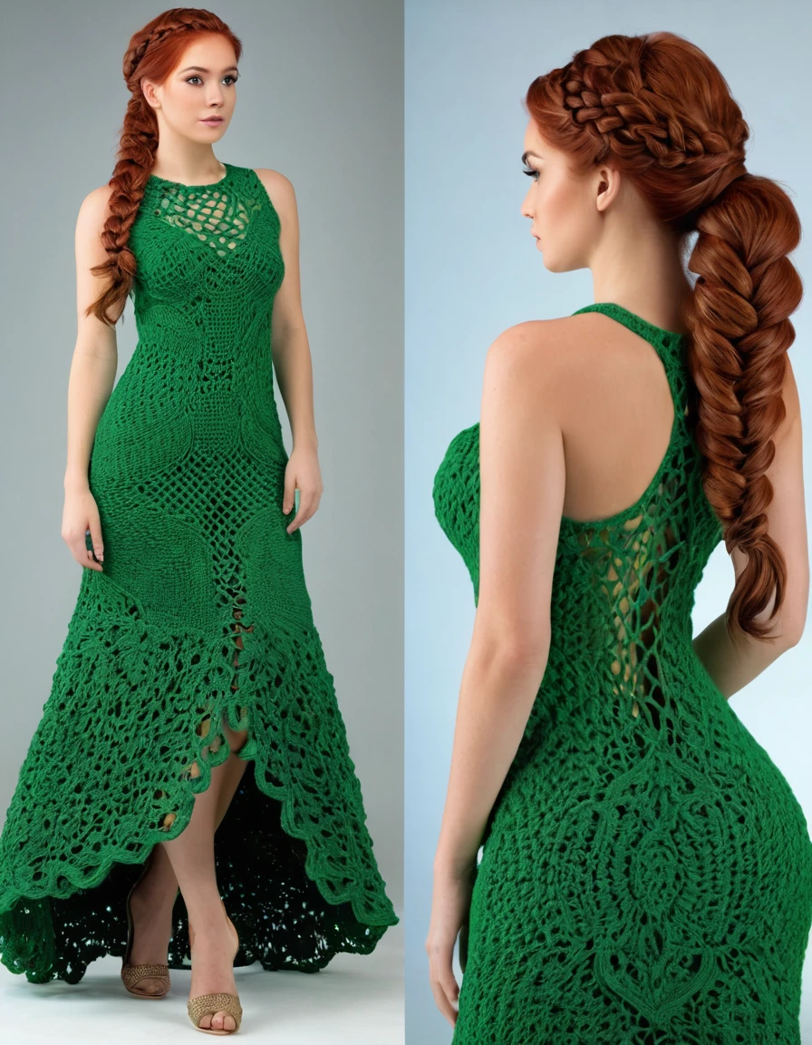 a beautiful 22 year old caucasian woman, full body, wearing green crochet dresses on a mannequin, a digital rendering inspired by Hazel Armour, tumblr, renaissance, intricate dress, vine dress, open dress, intricate fantasy dress, front and back view , detailed dress, an intricate dress, intricate clothing, front and back, green dress, organic dress, crochet fur, elegant dress, sexy dress, crochet, reddish hair with braids and ponytail hairstyle, full hd, 8k.