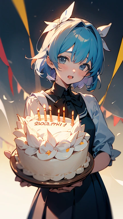 anypose anime adolescente,short and light blue hair birthday girl, celebrating birthday