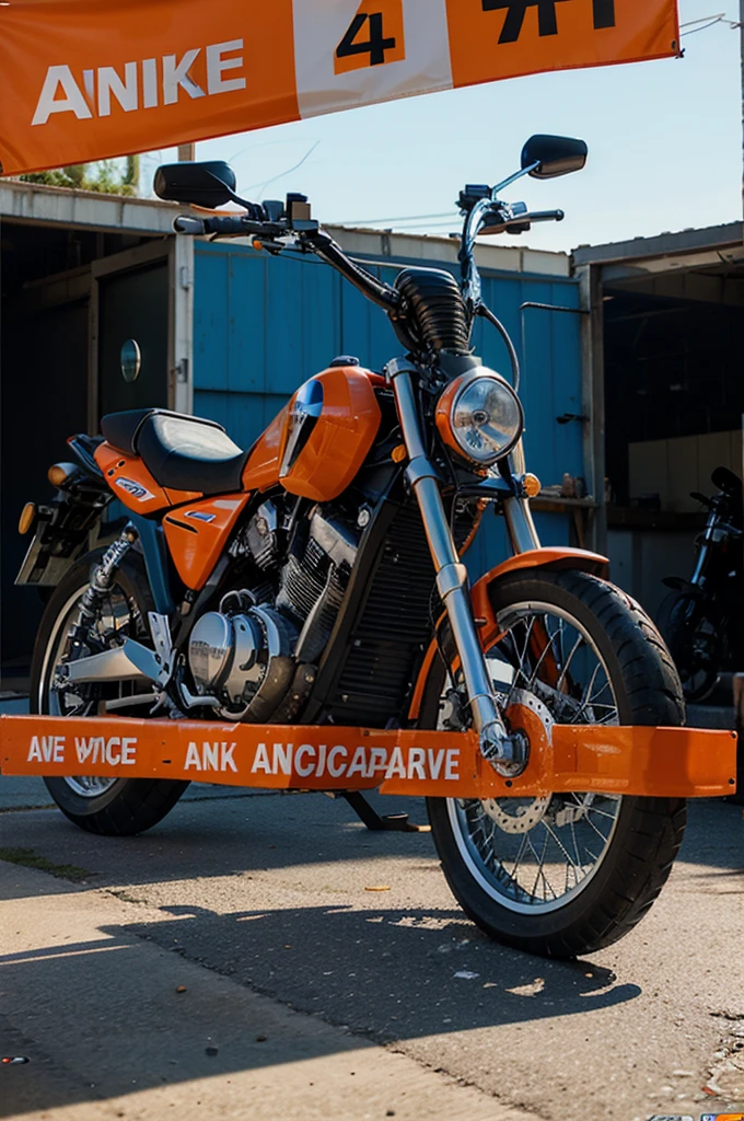motorbike wash banner image design. modern automotive background design in orange, white, blue, with the name "ANK AUTOMOTIVE" plus at the bottom the words "AVAILABLE: MOTORCYCLE SERVICE, MOTORCYCLE WASHING, VARIOUS DRINKS & FOOD" written clearly. more modern, realistic, 4D design