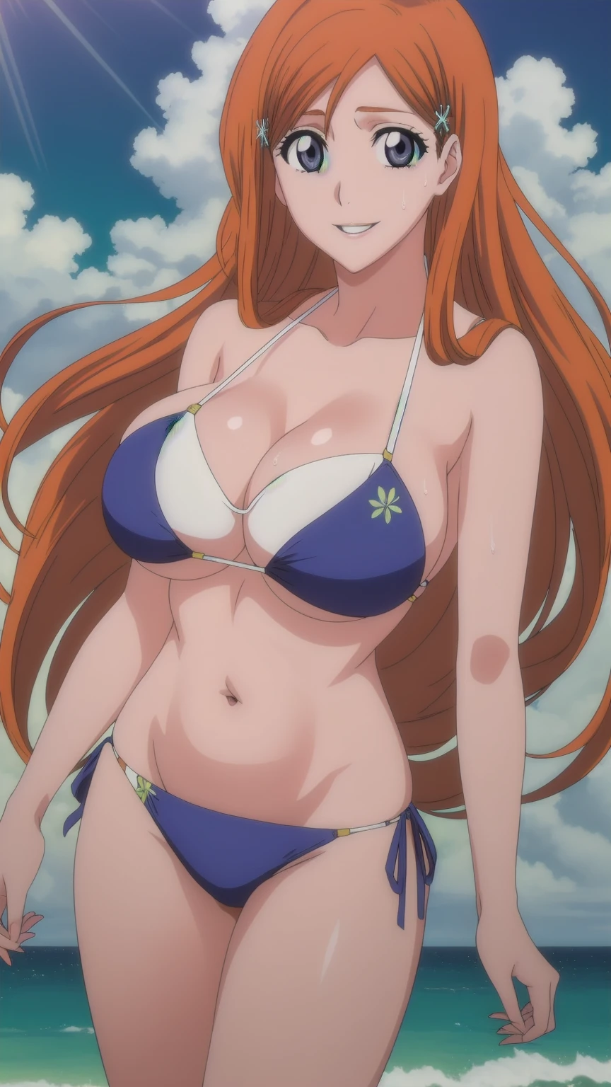 eft_bleach_orihime, 1girl, inoue orihime, solo, long hair, orange hair, grey eyes,breasts, hair ornament, large breasts,hairclip, purple eyes, smile, happy, looking at the viewer, blue theme, blue background, cloudy sky, sunlight, sweat, orgasmic, bikini swimsuit, large breasts, cleavage, belly button exposed, collarbone, thighs, sea and beach,