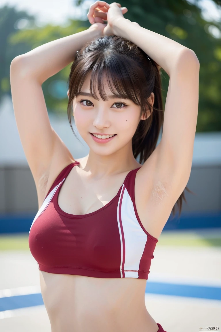 Flying debris, Highest quality, shape, Very detailed, finely, High resolution, 8k wallpaper, Perfect dynamic composition, finelyてBeautiful Eyes,Medium Hair,Small breasts Natural color Lips, Bold sexy pose,smile,Harajuku、20-year-old girl、cute、sexy shot looking at camera、Black hair ponytail , whole body((Realistic lighting, Highest quality, 8k, masterpiece: 1.3)), Clear focus: 1.2, 1 girl, Perfect shape: 1.4,(Cheerleader:1.3),(Outdoor:1.5),(Look under your armpits:1.5),(Stadium:1.1),(Cheer Dance:1.3) Very beautiful face, Beautiful Eyes, double eyelid,smile,(Your cheeks are red:1.3),(No nipples:1.2)