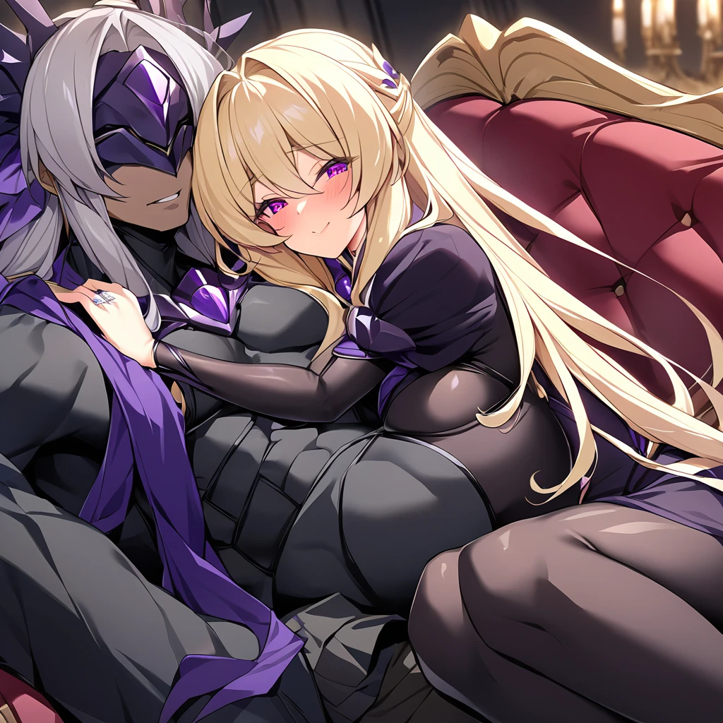 ((Highest quality)), ((masterpiece)), (detailed), (Perfect Face)、The woman is the evil queen Dark Extia, an evil transforming heroine with medium-long silver hair, an engagement ring, and a happy look on her face as she hugs the man.、The man is the evil king, Naioro, a handsome man with medium-long blonde hair, wearing a black bodysuit and embracing a woman.、A man and a woman are sitting close together, embracing and kissing on a luxurious throne、A man and a woman are a deeply loving couple、the woman is pregnant