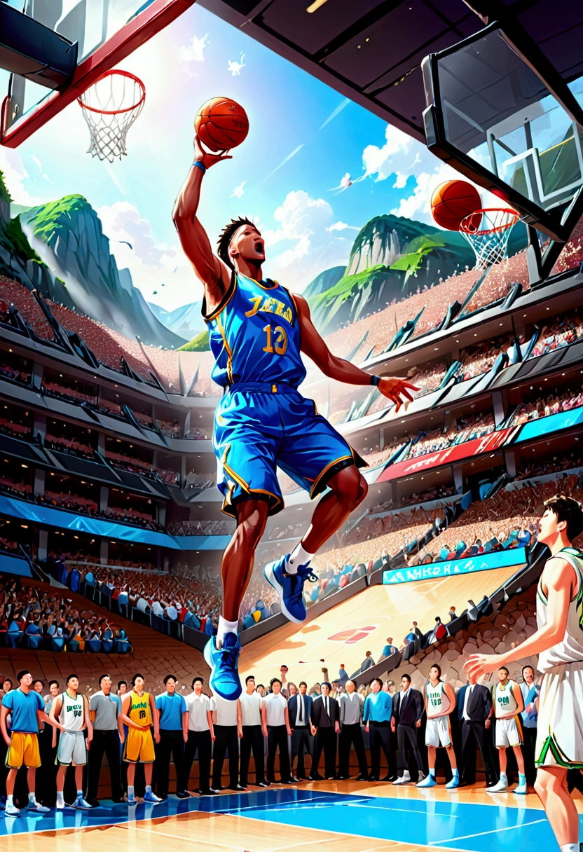 The moment the dunk is decided, (masterpiece:1.2), 最high quality, high quality, 超High resolution, (Super detailed), Absurd, The absolute solution, Basketball Player, The crowd goes wild, 4K, Ultra HD, Highly detailed and exquisite, High resolution, High resolution, Highly detailed CG, 2 bits.8 Lenses, Detailed Background, Detailed landscape,