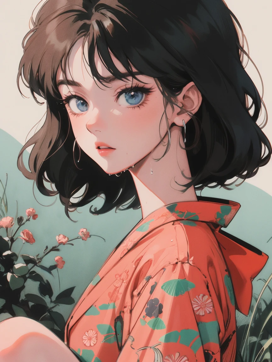 anime girl sitting on floor looking, anime aesthetic, anime vibes, Lofi Artstyle, Lo-fi portrait. anime, Lofty Girl, anime art wallpaper 4 k, anime art wallpaper 4k, anime art wallpaper 8 k, anime background art, Lofi Color, Lofi Art, anime asthetic, Short Bob, kimono, kimono, Countryside view, In nature, Wet day