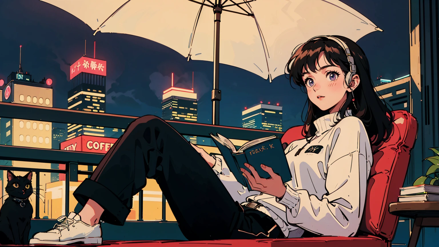 best quality, 8k, 1990s style,2010s hairstyles, 21 year old girl, black hair, long hair, light brown eyes, city pop, pants ,night view, wearing headphones,reading a book, whole body, relax coffee,table,confection,Looking at me, Black cat