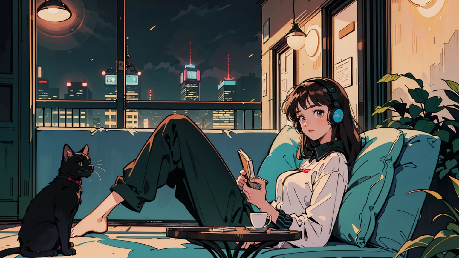 best quality, 8k, 1990s style,2010s hairstyles, 21 year old girl, black hair, long hair, light brown eyes, city pop, pants ,night view, wearing headphones,reading a book, whole body,  relax coffee,table,confection,Looking at me, Black cat
