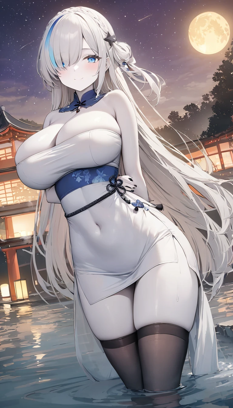 (masterpiece, high quality, high detail, 4k, rtx, high resolution:1.2),blue_streaked_hair,hair_over_one_eye, blue_eyes,very long hair,braid,white hair_ornament,white skin,black nail_polish,aged_down, solo,1girl, aerial_fireworks, architecture, aurora, bridge, building, city_lights, cityscape, cloud, constellation, crescent_moon, earth_(planet), east_asian_architecture, festival, fireflies, fireworks, flower, fountain, full_moon, galaxy, hair_ornament, horizon,(white dress, tubetop dress, china_dress, sexy pose:1.3), thighs, thighhighs,(strapless:1.2), (beautiful huge breasts:1.2),lantern, light_particles, looking_at_viewer, milky_way, moon, moonlight, night, night_sky, obi, onsen, outdoors, paper_lantern, planet, reflection, sash, shooting_star, sky, skyline, skyscraper, smile, snow, snowing, solo, space, sparkle, standing, star_(sky), star_(symbol), starry_background, starry_sky, starry_sky_print, summer_festival, sunrise, tanzaku, telescope, torii, tower, twilight,wading, water,arms behind back,finger polish