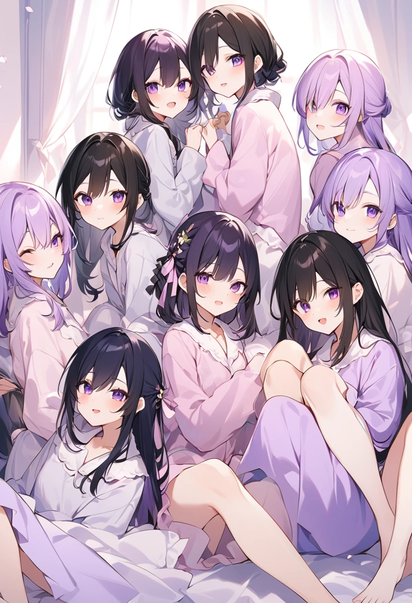 Keito。Purple pajamas。Purple Eyes。Black Hair。barefoot。7 people姉妹。Both of them have light purple hair.。all female。Seven siblings。Purple bed。7 people