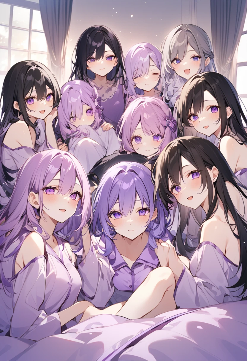 Keito。Purple pajamas。Purple Eyes。Black Hair。barefoot。7 people姉妹。Both of them have light purple hair.。all female。Seven siblings。Purple bed。7 people
