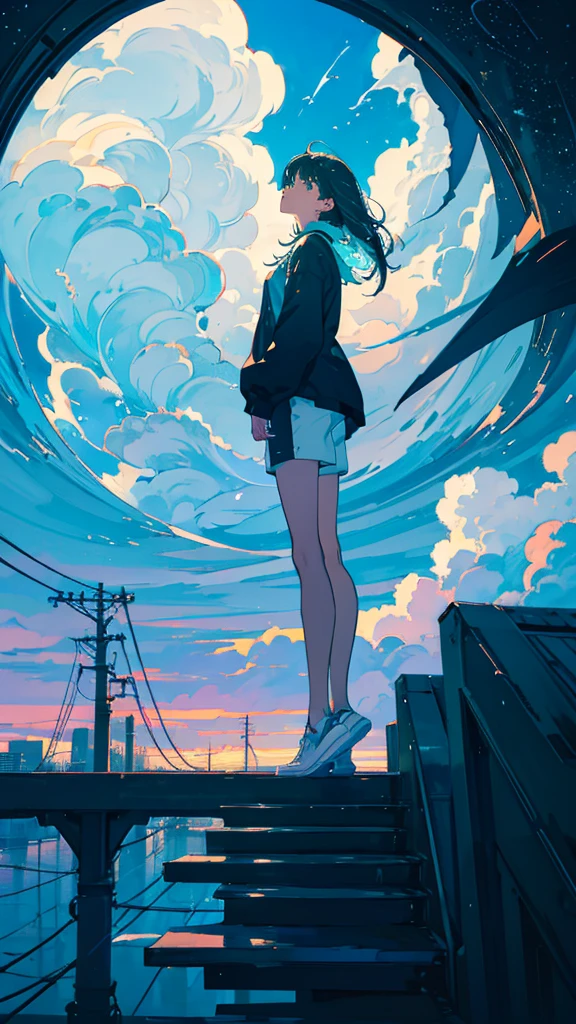 masterpiece, Exquisite detail,Highest quality, One girl, alone, handrail, cloud, Looking up at the buildings,Long Hair, zero, Long sleeve, Power lines, White footwear, Black Hair, View your viewers, Electric pole, bangs, cloudy zero, fish, bird, Green Eyes, Shorts, Day, Black Shirt, barefoot,Whale flying in the sky,Giant whale,night,Star,milky way,night,Pitch black,Buildings,Sitting, High quality anime art style,Standing painting,Splash ink background,Blue Themes,Clear Face,Distinct facial features