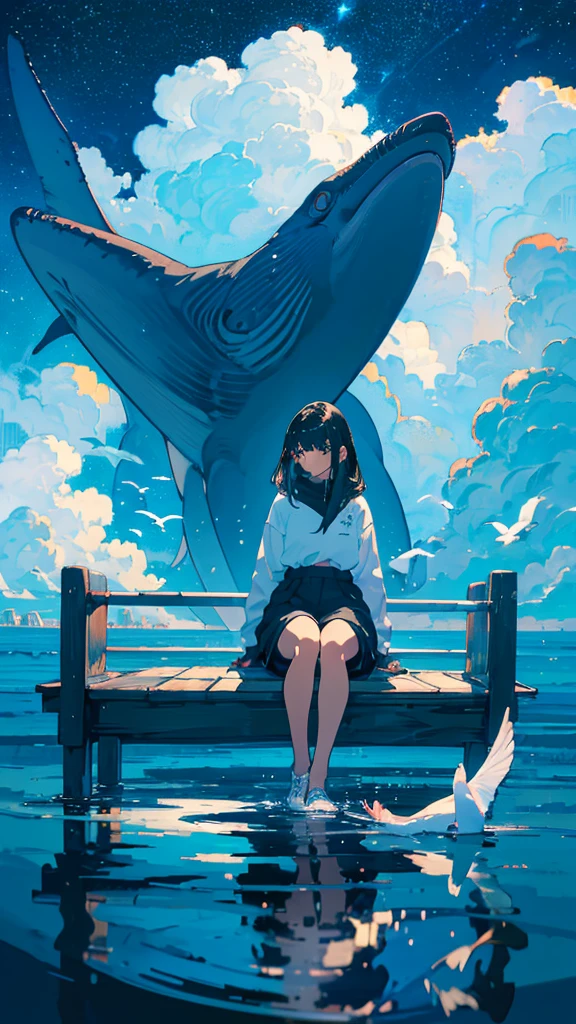 masterpiece, Exquisite detail,Highest quality, One girl, alone, handrail, cloud, Looking up at the buildings,Long Hair, zero, Long sleeve, Power lines, White footwear, Black Hair, View your viewers, Electric pole, bangs, cloudy zero, fish, bird, Green Eyes, Shorts, Day, Black Shirt, barefoot,Whale flying in the sky,Giant whale,night,Star,milky way,night,Pitch black,Buildings,Sitting, High quality anime art style,Standing painting,Splash ink background,Blue Themes,Clear Face,Distinct facial features