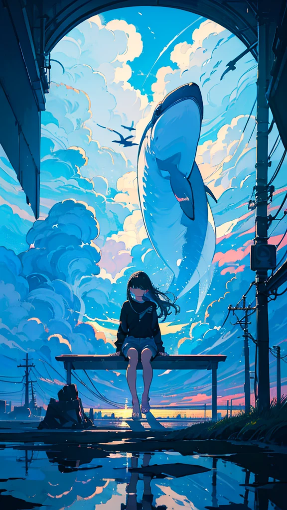 masterpiece, Exquisite detail,Highest quality, One girl, alone, handrail, cloud, Looking up at the buildings,Long Hair, zero, Long sleeve, Power lines, White footwear, Black Hair, View your viewers, Electric pole, bangs, cloudy zero, fish, bird, Green Eyes, Shorts, Day, Black Shirt, barefoot,Whale flying in the sky,Giant whale,night,Star,milky way,night,Pitch black,Buildings,Sitting, High quality anime art style，Standing painting，Splash ink background，Blue Themes,Clear Face,Distinct facial features