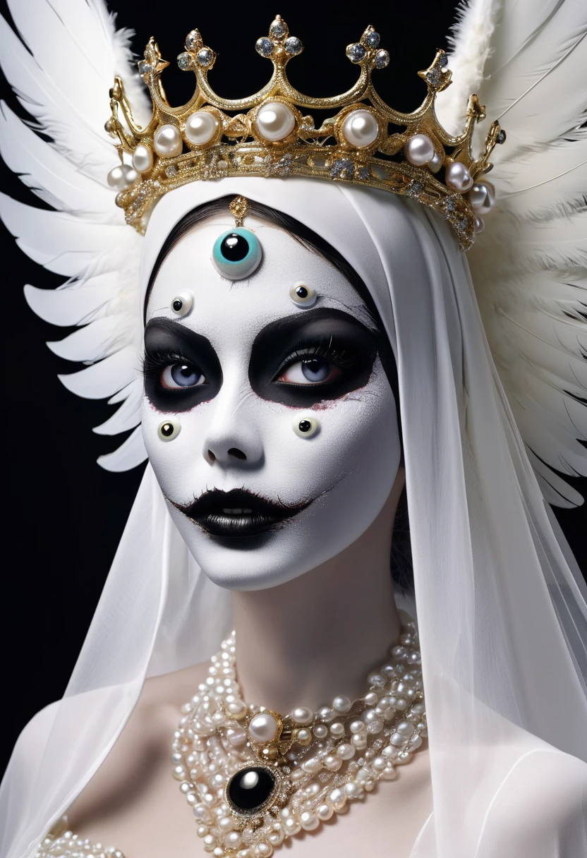 (masterpiece, best quality:1.2),Grotesque Aesthetics:1.56,Thriller, Ugly faceless person,There are many eyeballs growing on the skin of the face,teeth, Solitary,black background,crown,veil,hand,Pearl Necklace,Feather wings