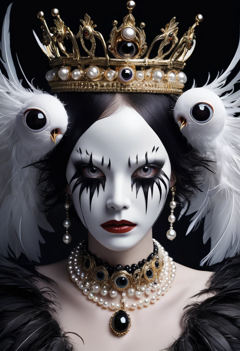 (masterpiece, best quality:1.2),Grotesque Aesthetics:1.56,Thriller, Ugly faceless person,There are many eyeballs growing on the skin of the face,teeth, Solitary,black background,crown,veil,hand,Pearl Necklace,Feather wings