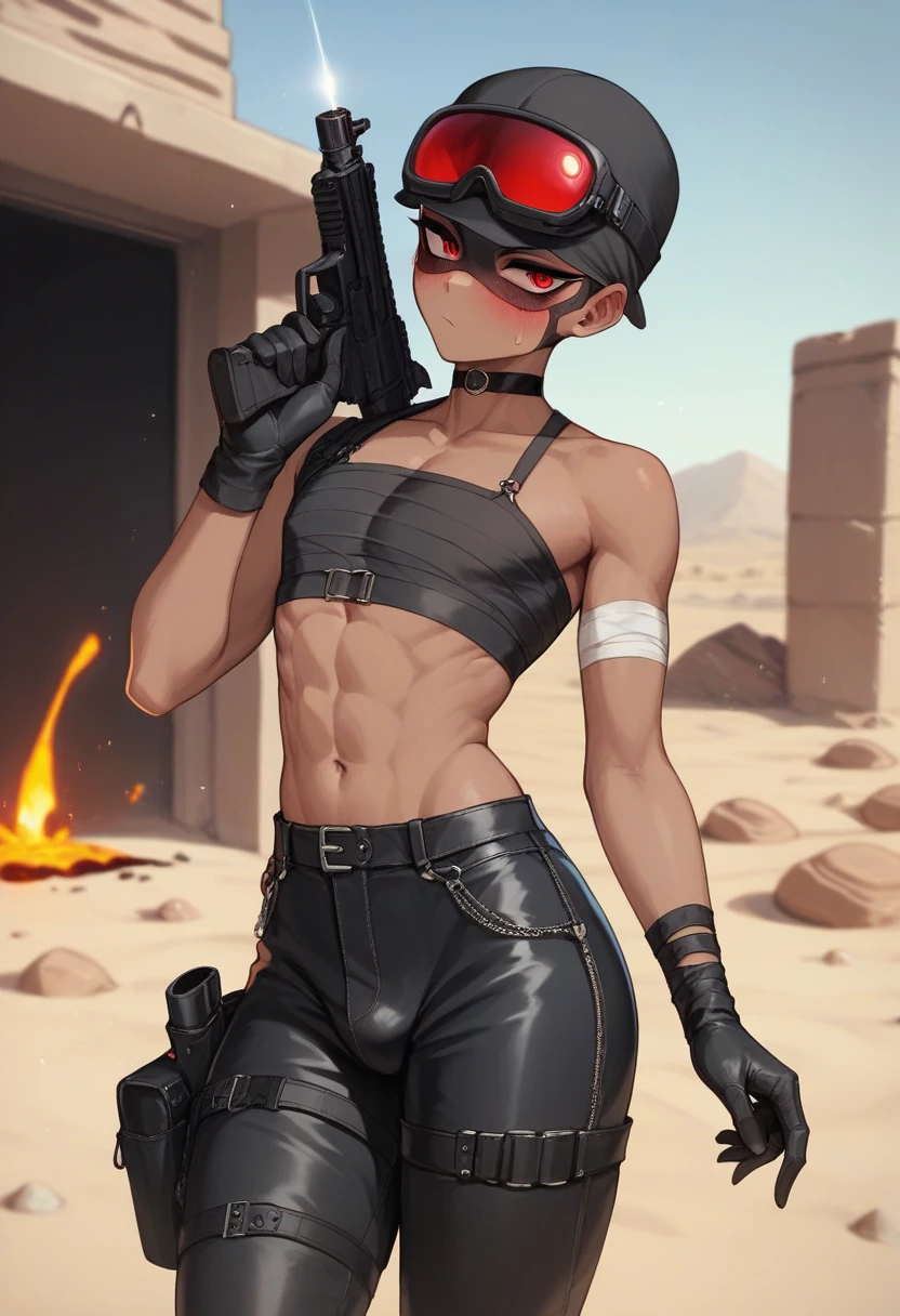 1boy, black eyeliner, black balaclava, black ski mask, red eyes, black long bandage gloves, terrorist, desert, room, femboy, blush, thin waist, half open eyes, Black pants, choker, gun
