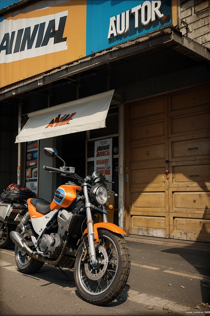 motorbike wash banner image design. modern automotive background design in orange, white, blue, with the name "ANK AUTOMOTIVE" plus at the bottom the words "AVAILABLE: MOTORCYCLE SERVICE, MOTORCYCLE WASHING, VARIOUS DRINKS & FOOD" written clearly. more modern, realistic, 4D design