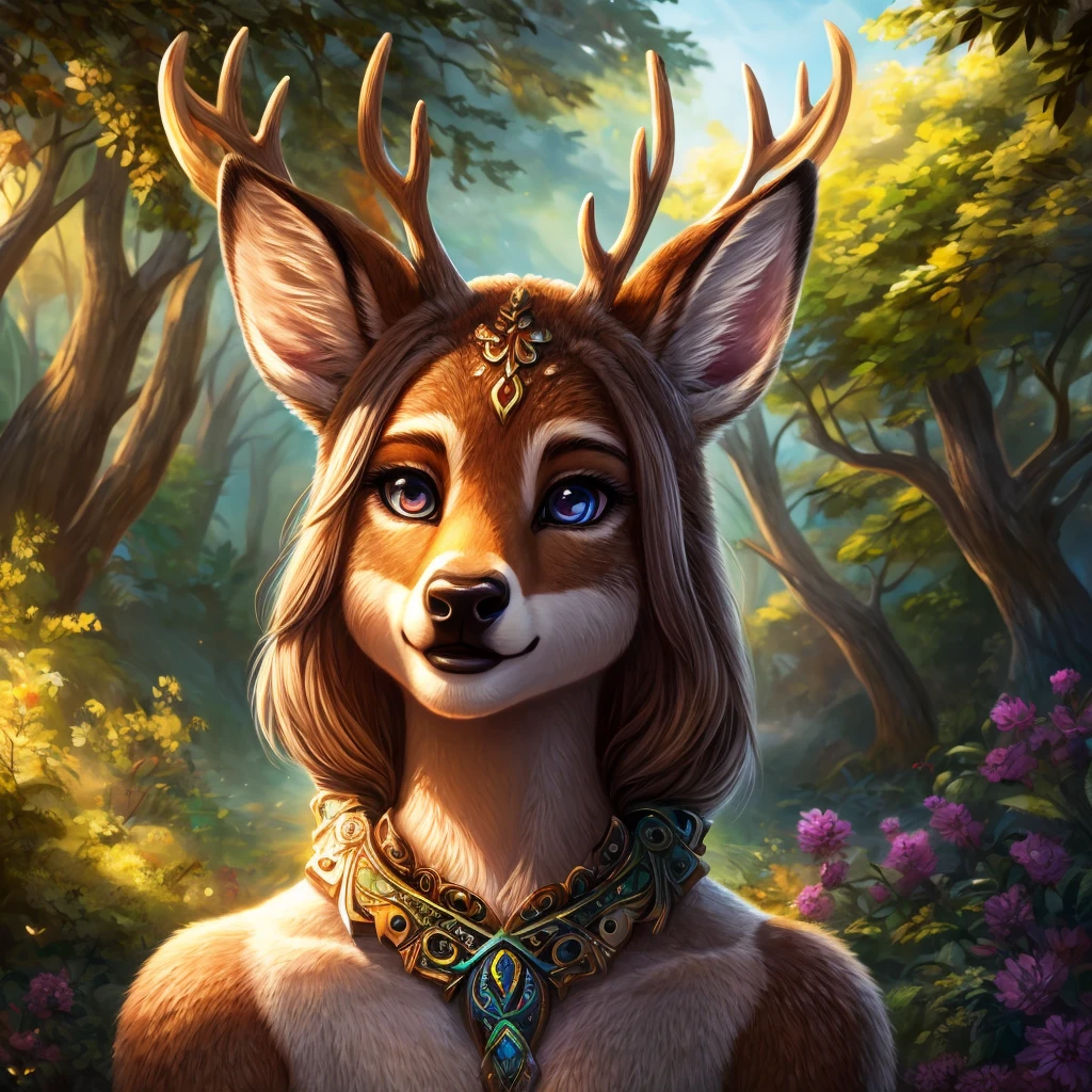 Create an illustrated, hand-drawn, full-color image of an anthropomorphic deer girl. The artwork should be rendered in the style of "Breath of the Wild," featuring warm lighting and shadows. Include graphite shading, stencil marks, and airbrushed acrylic paint effects. The image should be of the highest quality, a masterpiece with intricate details. The deer girl should have a female, humanoid, furry appearance with grey skin. She should have luscious lips, a wide smile, and bright, expressive eyes, exuding beauty, cuteness, and adorableness. Ensure the image is high resolution and sharply detailed, with a detailed and vibrant background. Incorporate mystical lighting in the background, creating a romantic and enchanting atmosphere.