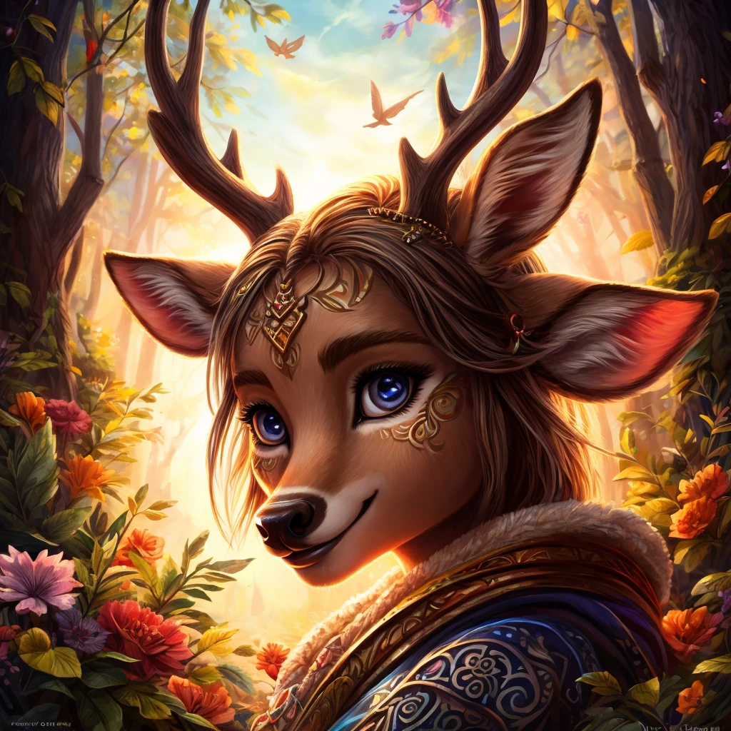 Create an illustrated, hand-drawn, full-color image of an anthropomorphic deer girl. The artwork should be rendered in the style of "Breath of the Wild," featuring warm lighting and shadows. Include graphite shading, stencil marks, and airbrushed acrylic paint effects. The image should be of the highest quality, a masterpiece with intricate details. The deer girl should have a female, humanoid, furry appearance with grey skin. She should have luscious lips, a wide smile, and bright, expressive eyes, exuding beauty, cuteness, and adorableness. Ensure the image is high resolution and sharply detailed, with a detailed and vibrant background. Incorporate mystical lighting in the background, creating a romantic and enchanting atmosphere.