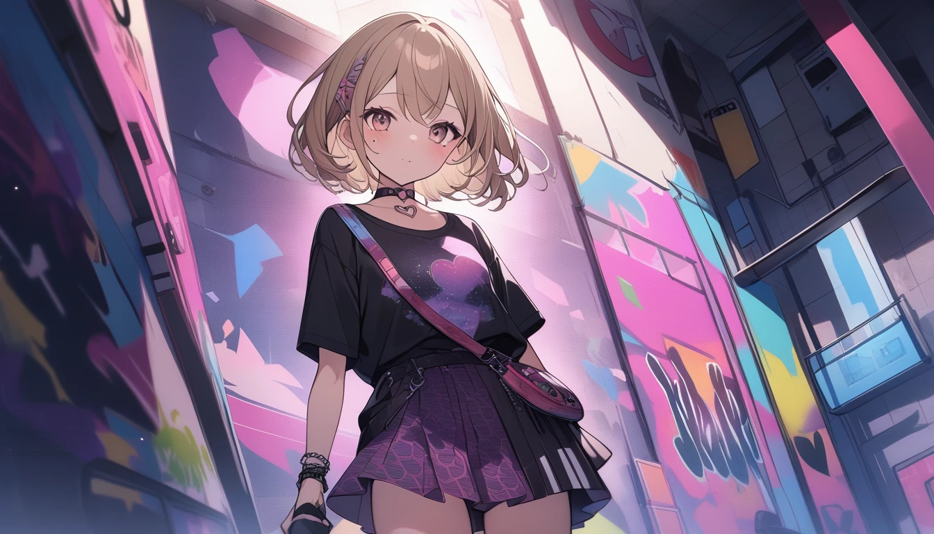 Graffiti art、Positive Space、Silkscreen、asymmetry、One Girl、Light brown hair、Black Tank Top、pink pattern mini skirt、Side angle、Heart-shaped choker、Cute mole under the eye、Super fine、Super fine背景、16K、