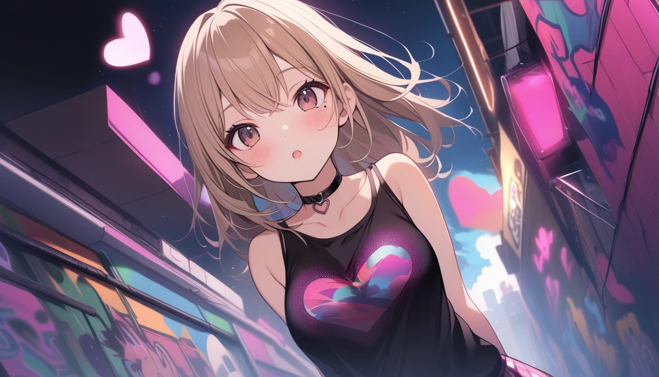 Graffiti art、Positive Space、Silkscreen、asymmetry、One Girl、Light brown hair、Black Tank Top、pink pattern mini skirt、Side angle、Heart-shaped choker、Cute mole under the eye、Super fine、Super fine背景、16K、