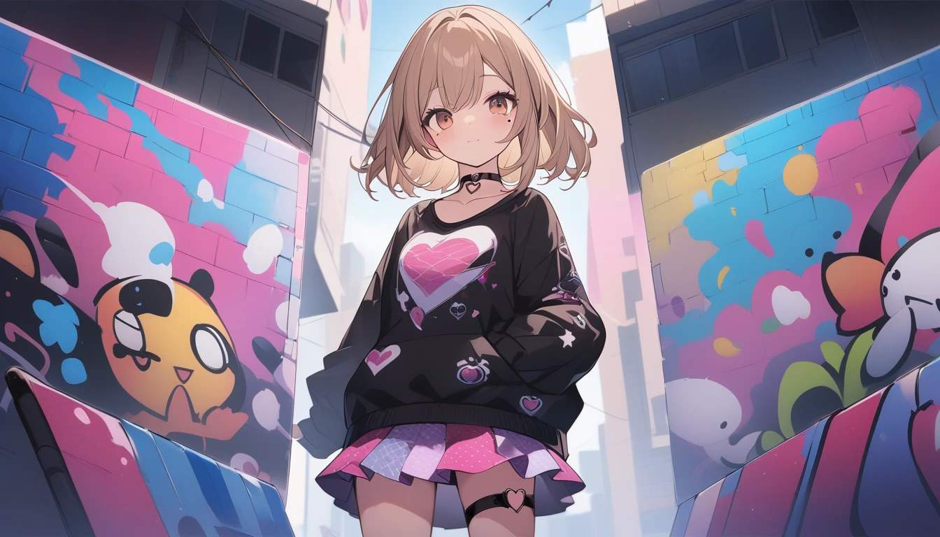 Graffiti art、Positive Space、Silkscreen、asymmetry、One Girl、Light brown hair、Black Tank Top、pink pattern mini skirt、Side angle、Heart-shaped choker、Cute mole under the eye、Super fine、Super fine背景、16K、