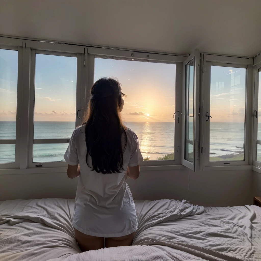 woman standing in her room wearing white pajamas in front of a window looking out at the ocean, fine art, looking out at a sunset, looking out over the sea, looking out at the ocean, looking off into the sunset, sunset view, beautful view, looking at sunset, gorgeous view, overlooking the ocean, looking out window.