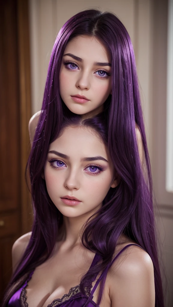 a girl.  face sent feeling.  Europe.  Oval face.  long face.  delicate facial features.  sad eyes.  seductively seductive.  purple eyes.  long straight hair.  purple hair.  Sad and disappointed expression.  big breasts.  purple silk nightgown.  straight face