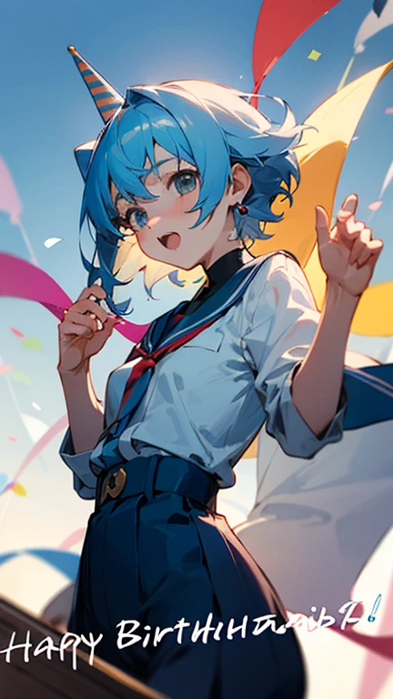 Anime girl short blue hair ,fulfilling years,celebrating birthday
