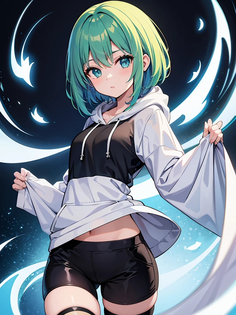 Masterpiece,High Quality,(Full Length 1.2),Animated Standing, Black Half Pants,(Black and White Open Hoodie),Open Hoodie,(Green Hair 1.4),Anime Girl with Short Green Hair and Green Eyes,(Detailed Eyes 1.6),(Clear Eyes 1.4),(Beautiful Eyes 1.4),(Shining Eyes 1.4 ), White cyan, Green hair, Detailed key animated art, Animated portrait, Shining eyes, Blue haired girl, Blue light hair, Black half pants, White stockings, Thighs, 4K
Translated with DeepL.com (free version)