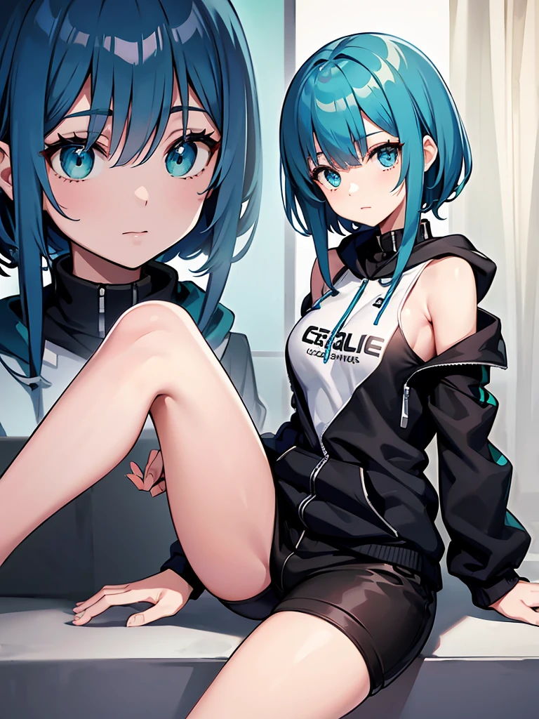 Masterpiece,High Quality,(Full Length 1.2),Animated Standing, Black Half Pants,(Black and White Open Hoodie),Open Hoodie,(Green Hair 1.4),Anime Girl with Short Green Hair and Green Eyes,(Detailed Eyes 1.6),(Clear Eyes 1.4),(Beautiful Eyes 1.4),(Shining Eyes 1.4 ), White cyan, Green hair, Detailed key animated art, Animated portrait, Shining eyes, Blue haired girl, Blue light hair, Black half pants, White stockings, Thighs, 4K

Translated with DeepL.com (free version)