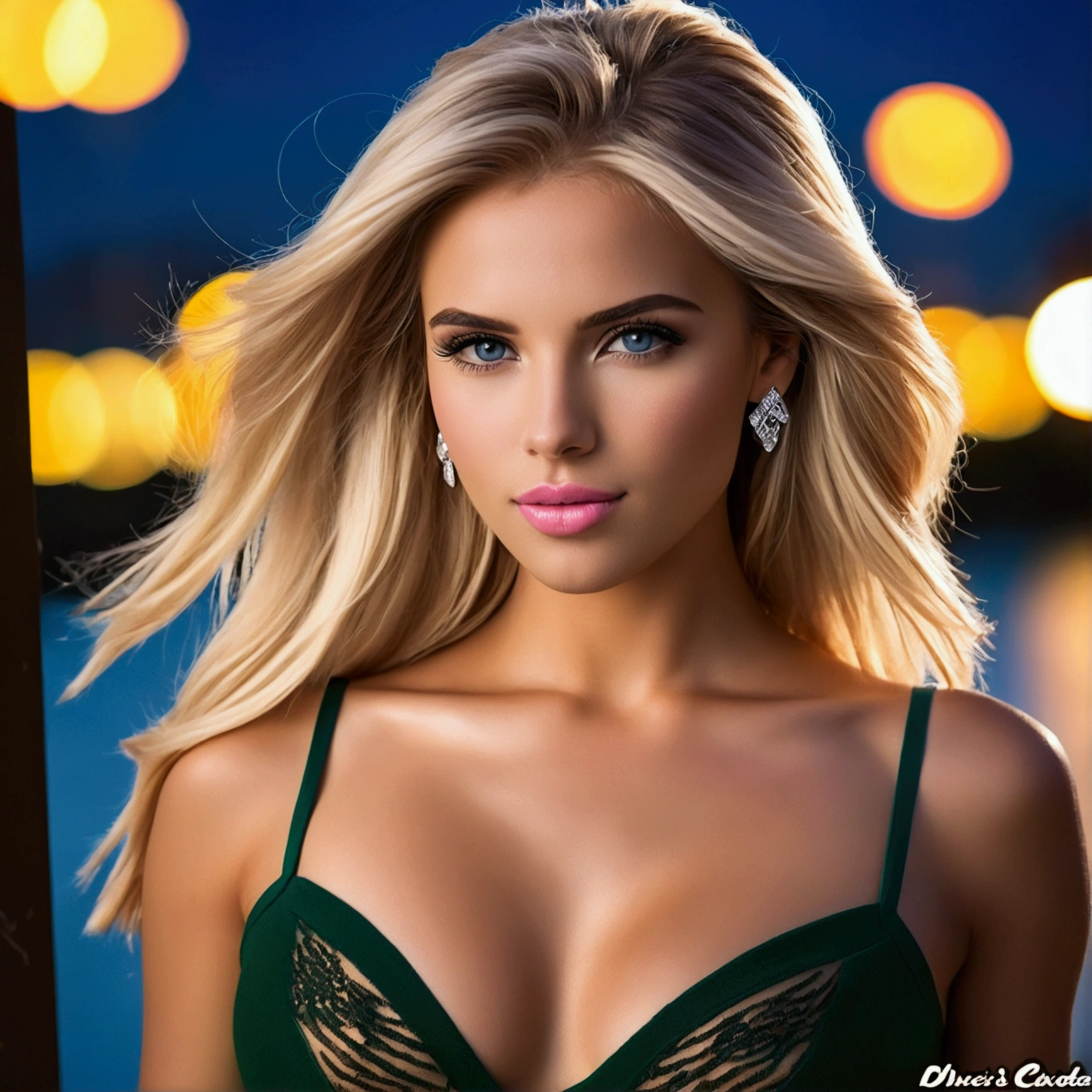 A captivating image of a beautiful blonde woman, age 25, Solo, with vibrant blue eyes that sparkle like the ocean, luscious pink lips that curl into an enchanting smile, and flowing golden hair cascading down her shoulders. Her alluring gaze fixed on the viewer, she exudes an effortlessly confident air.

Dressed in a fashionable attire of a trendy outfit that complements her stunning features, she adopts captivating poses against a breathtaking backdrop of majestic mountains and shimmering lakes. Bathed in warm sunlight, her skin glows with a touch of mystery and elegance. Surrounded by vibrant wild