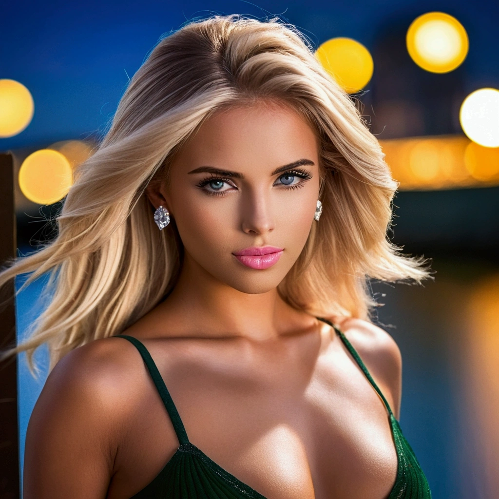 Realistic photo from the waist up of a beautiful blonde woman with long hair combed back with a straight bang over her forehead. She has dimples on her face. Blue eyes, she has a beauty mark over her mouth on the left side. She wears a hoop piercing in her left nostril and a diamond piercing in her right nostril. She has a closed mouth, small and fleshy