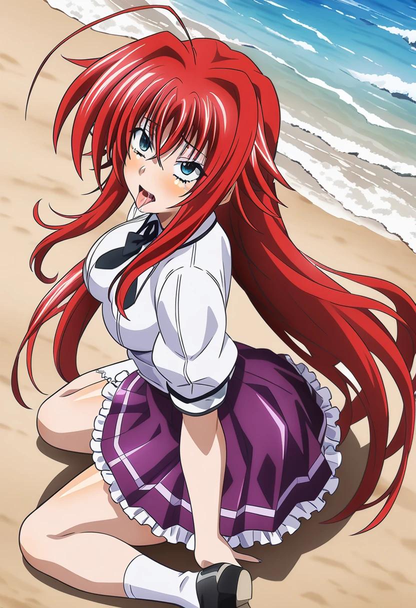 anime art style, 2d, masterpiece, best quality, very aesthetic, absurdres, dynamic shadows, atmosferic, (1girl), rias_gremory,, high_school_dxd, solo, red hair, antenna hair, long hair, blue eyes, detailed eyes, hair between eyes, bangs, medium breasts, curvy body, makeup, (school uniform:1.0), (miniskirt:1.0), black ribbon, pleated skirt, frilled skirt, purple skirt, white shirt, puffy sleeves, black shoes, white socks, (ahegao), tongue, saliva, (cowboy shot), from behind, (wariza), (looking at viewer), clouds, day, beach, sea