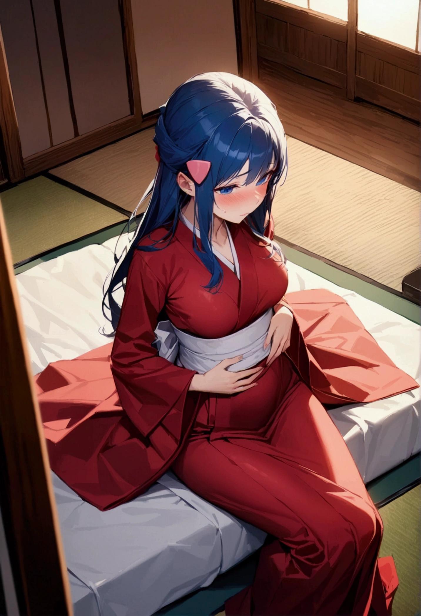 NSFW,masterpiece,Highest quality,High resolution,Super detailed,dawn_\(pokemon\),blue eyes, Blue Hair, Long Hair, Side Lock, Hair Clip,High-quality yukata,Embarrassed,blush,Inn at night,Japanese-style room,tatami,futon,(Middle-aged men),A man puts his hands on her waist and hugs her,Sitting,From above