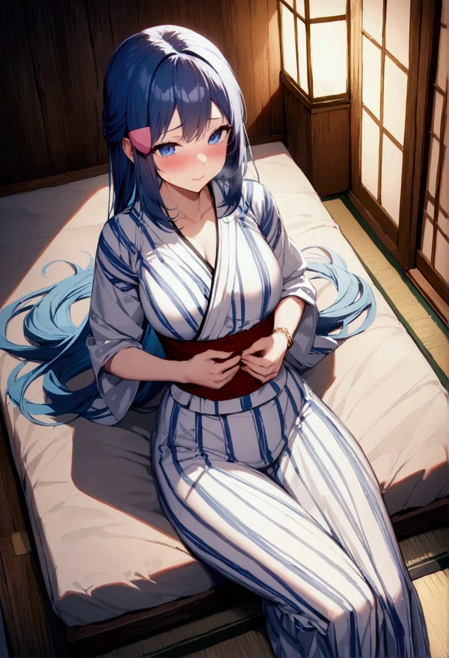 NSFW,masterpiece,Highest quality,High resolution,Super detailed,dawn_\(pokemon\),blue eyes, Blue Hair, Long Hair, Side Lock, Hair Clip,High-quality yukata,Embarrassed,blush,Inn at night,Japanese-style room,tatami,futon,(Middle-aged men),A man puts his hands on her waist and hugs her,Sitting,From above