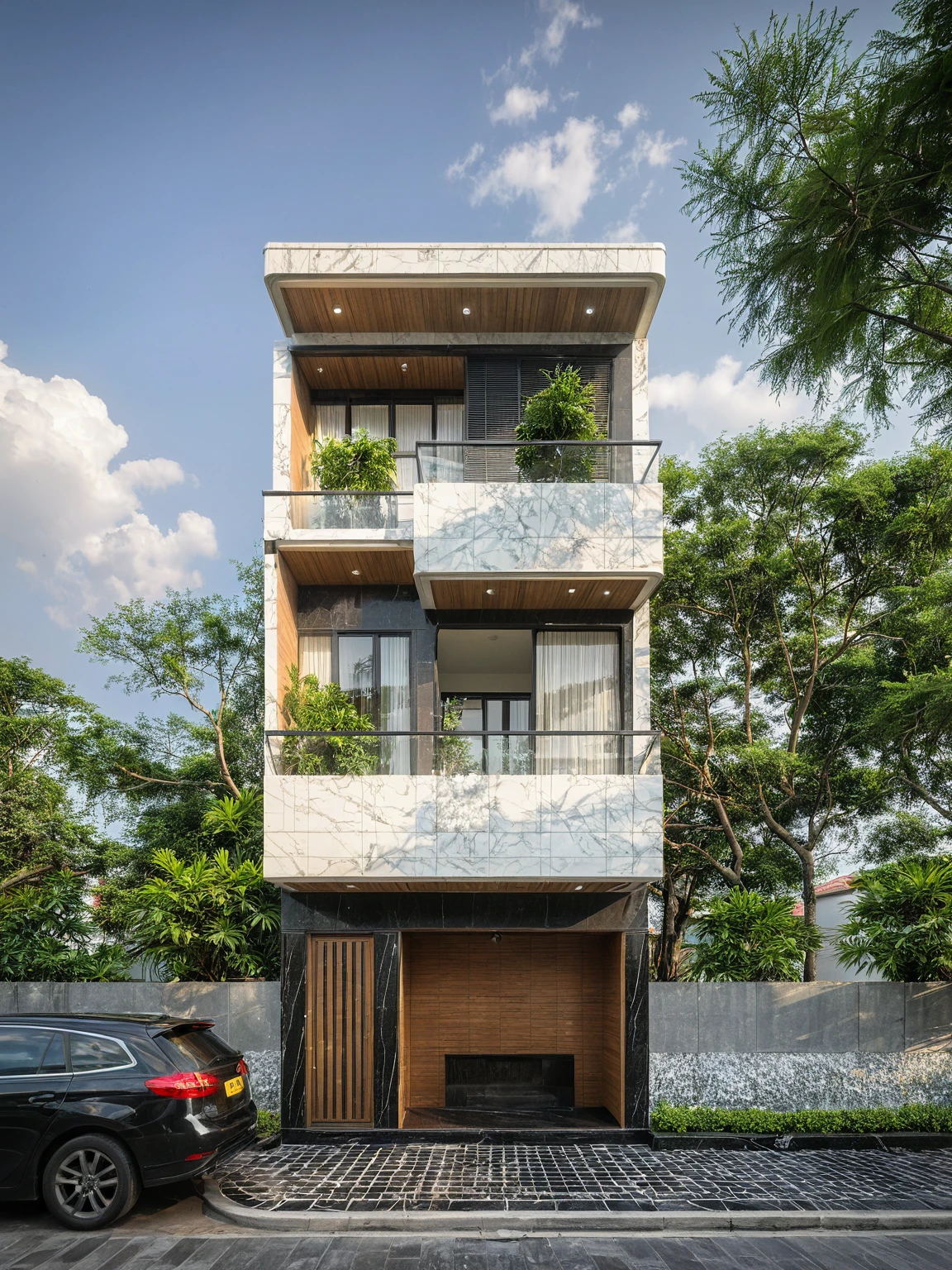 masterpiece, High Quality, best quality, true, super detailed, out side, one-story villa, yay, yaygroup, phong cách ngôi nhà hiện đại trên sugar phố, cầu thang, white wall, dark marble walls, sugar, pavement, grass, plant, firmament, cloud, (daylight :1.1)