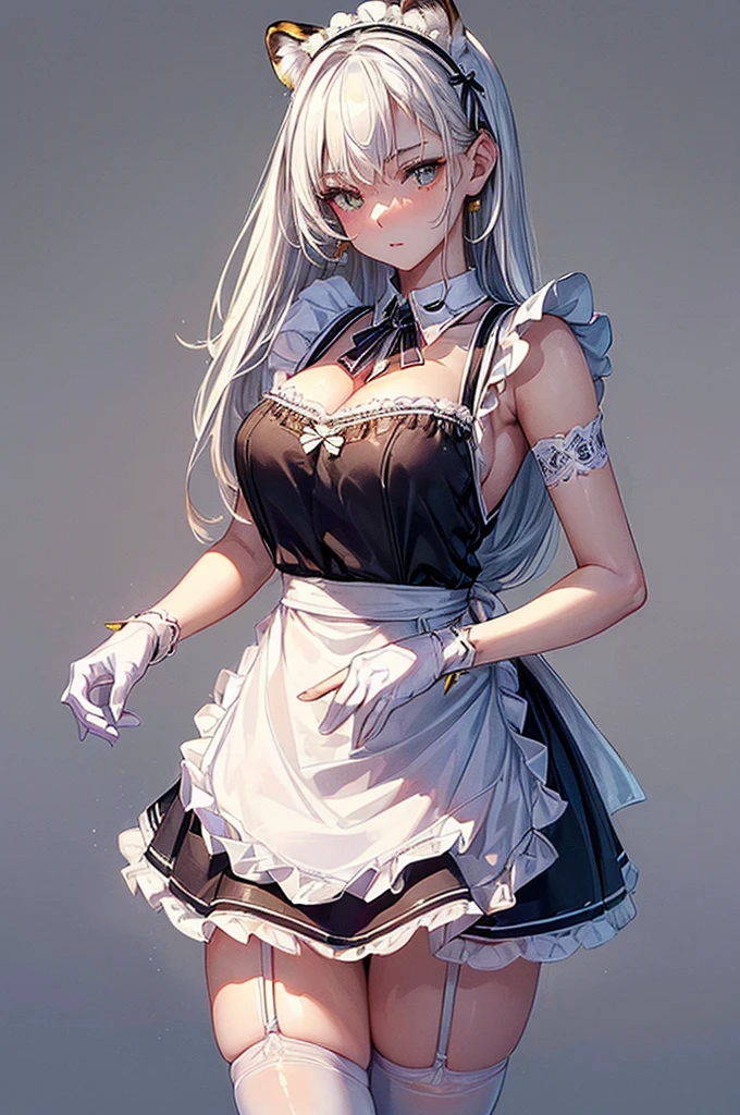 ((highest quality)),(ultra high resolution),(Super detailed),(detailed description),((best CG)),(best work of art),super precision art, great drawing art,(Art with precise details:1.5), ( simple form-fitting French maid uniform with a white apron and white stockings 1 age girl:1.5), beautiful and well-shaped face:1.5,(Beautiful skin with precise and detailed depiction:1.6),(:1.5),provocative angle:1.6,gorgeous, beautiful young teengirl, 18 years old, luminous snow white hair, enchanting golden colored eyes, tiger ears, white striped tiger tail, tall height (190cm), slim thick body type with mouth-watering curves