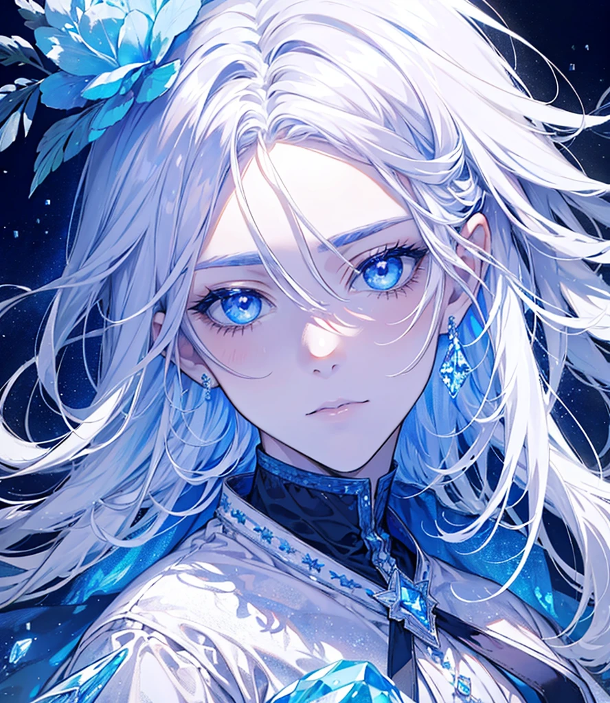 Man surrounded by crystal ice and frozen flowers, Silver hair and crystal blue eyes, with a diamond on his forehead. Have a ice and nature power.