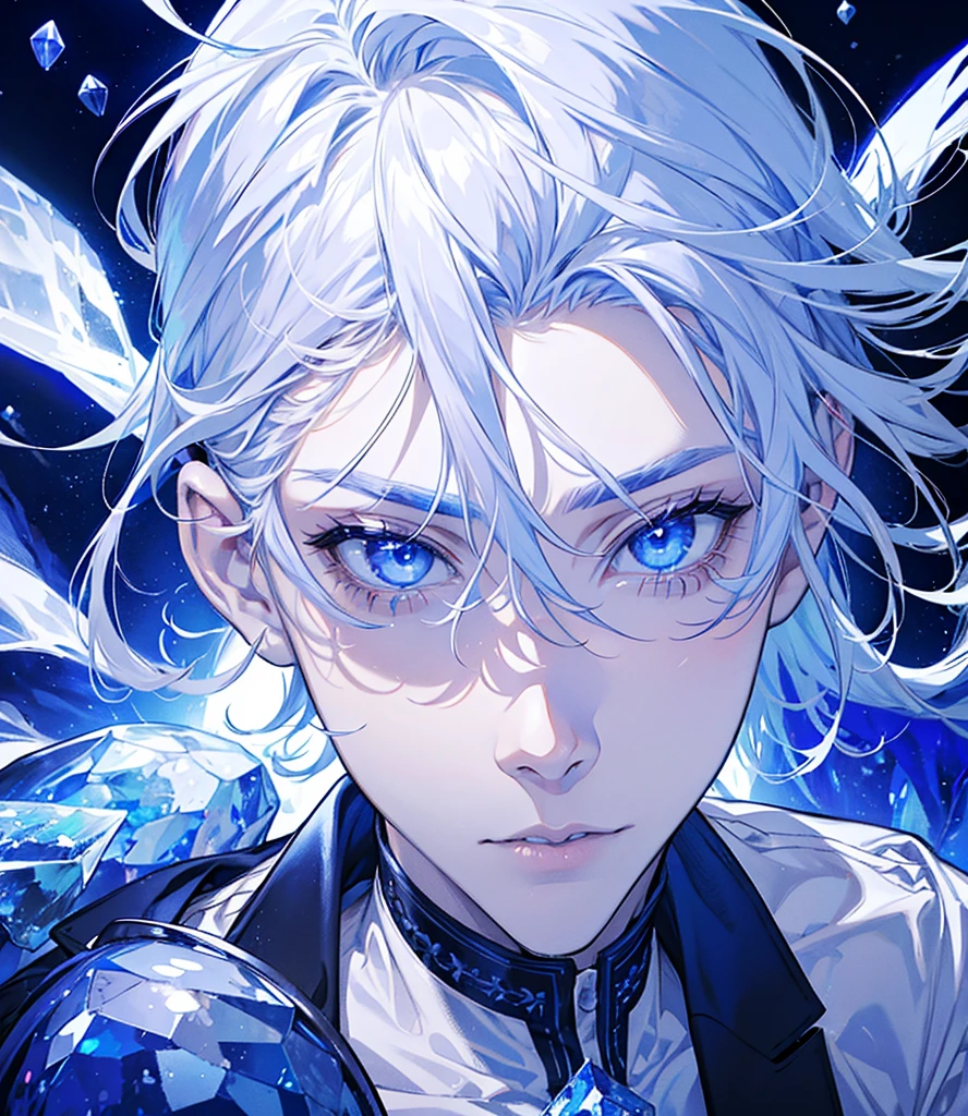 Man surrounded by crystal ice and frozen flowers, Silver hair and crystal blue eyes, with a diamond on his forehead. Have a ice and nature power. 