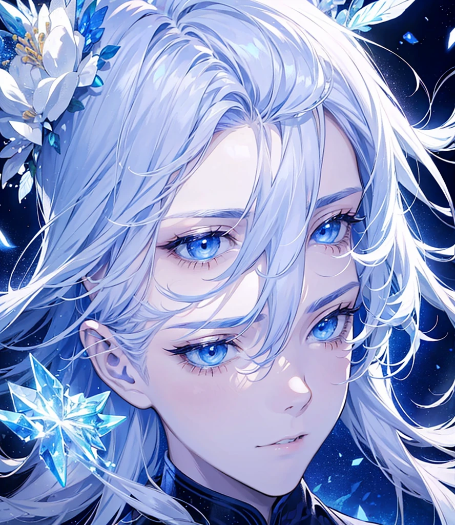 Man surrounded by crystal ice and frozen flowers, Silver hair and crystal blue eyes, with a diamond on his forehead. Have a ice and nature power.