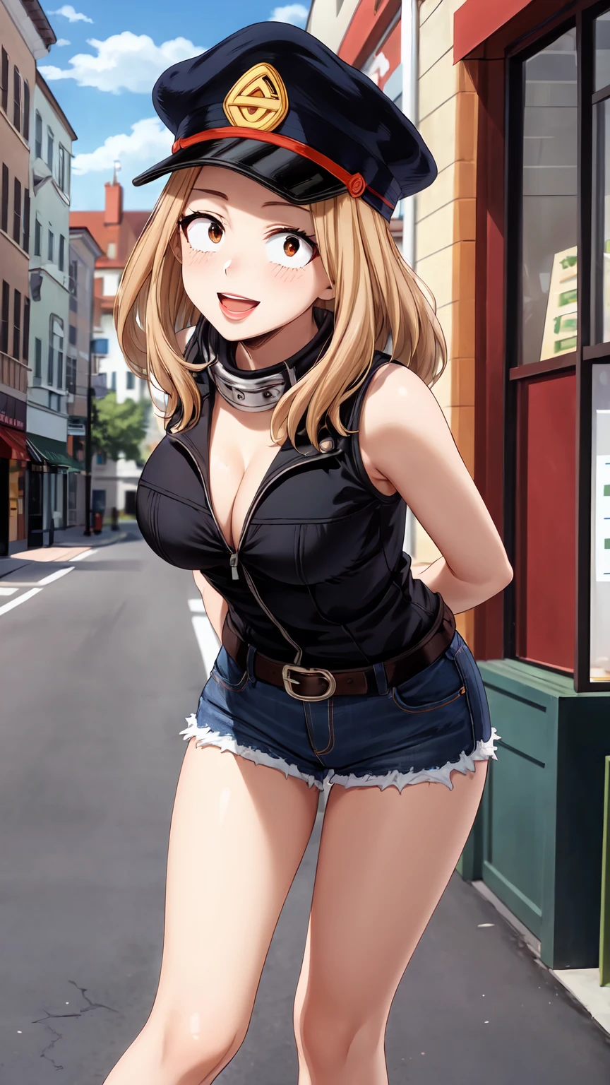 Masterpiece ,best quality , high resolution , (face view , look at view , (pov front view) , (pov from front)) , (1 girl solo:1.38) , (camie, long hair, brown hair, brown eyes, peaked cap , lipstick , eyeliner)) , (slim , tall , slender , thin) , (cleavage:1.05) , (big breast:1.06) , (wear top tank , fishnet_stockings ,  sleeveless , denim_micro_short , stockings , (arms behind back , hand behind back) , (leaning forward:1.35) , ( outdoor  , road , on street , in front of shop ) , (open mouth , smile , full face blush , shy ) , (standing , thighs ) , (cowboy_shot)