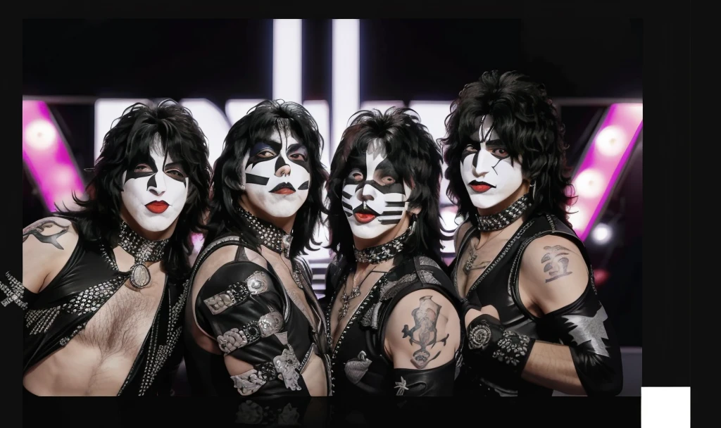 Kiss b2023, 4 peopleの男性のアップ, 4 people, masterpiece, Highest quality, 8k, Ultra-high resolution, Detailed skin, rock band, smile,