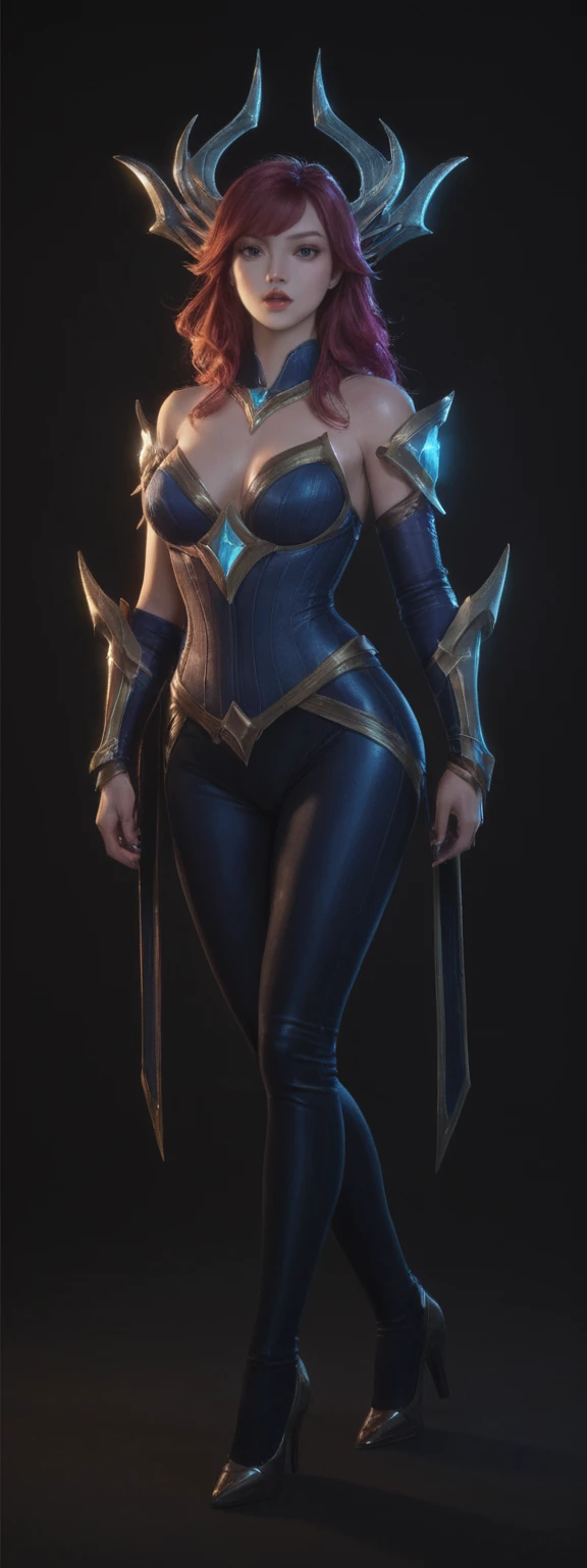 realistic, score_9, score_8_up, score_7_up, score_6_up, 
1girl, solo, from front, full body, Shyvana \(league of legends\),  black background, makeup, sidelighting, backlighting, glowing,