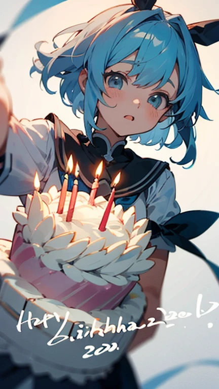 anypose anime adolescente,short and light blue hair birthday girl, celebrating birthday