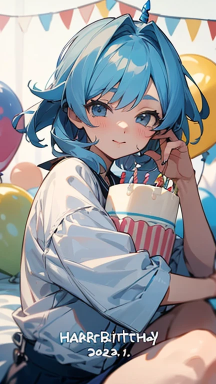 anypose anime adolescente,short and light blue hair birthday girl, celebrating birthday
