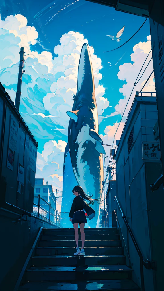 masterpiece, Exquisite detail,Highest quality, One girl, alone, handrail, cloud, Looking up at the buildings,Long Hair, zero, Long sleeve, Power lines, White footwear, Black Hair, View your viewers, Electric pole, bangs, cloudy zero, fish, bird, Green Eyes, Shorts, Day, Black Shirt, barefoot,Whale flying in the sky,Giant whale,night,Star,milky way,night,Pitch black,Buildings,Sitting, High quality anime art style,Standing painting,Splash ink background,Blue Themes,Clear Face,Distinct facial features