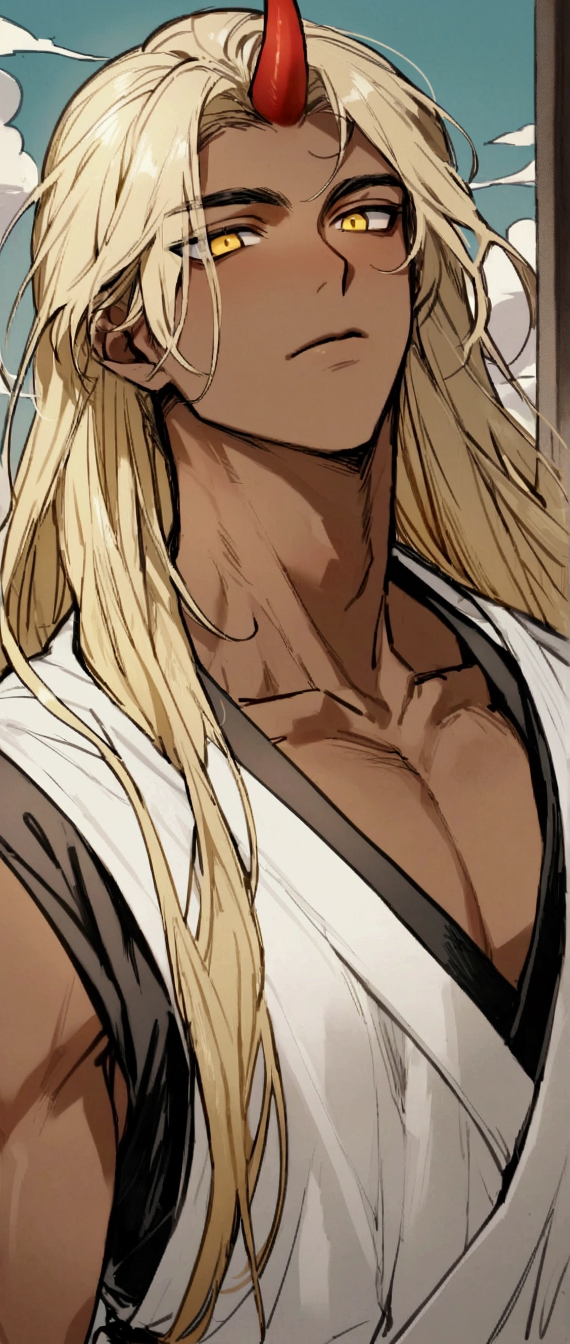 One Man,Beautiful young man with blond hair and dark skin,boy, 20-year-old, Yellow Eyes, length, Silky Hair,A red horn grows from one of its heads..,Wearing traditional Korean clothing,She has her bangs down,masculine body,Aim for the top of the tower